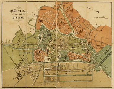 216046 Plattegrond van de stad Utrecht; met weergave van het stratenplan, wegen, spoorwegen, watergangen, bruggen, ...